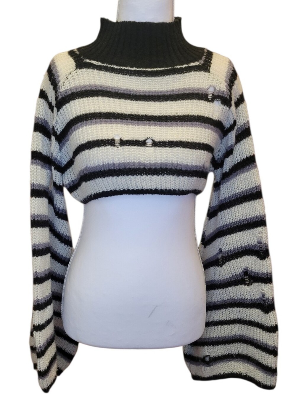 Distressed Grunge Striped Mock Neck Cropped Sweater - Picture 2 of 7